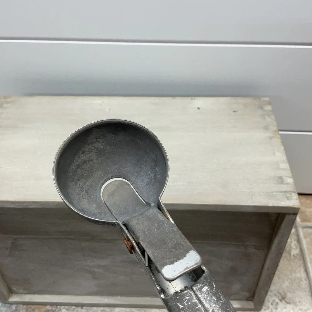 Vintage Aluminum Ice Cream Scoop Mechanical Thumb Lever Primitive Kitchen Tool